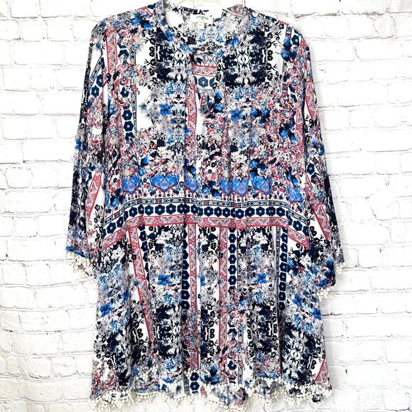 Umgee Wms M Multicolored Floral Geometric Trapeze Mini Dress Boho Hippie - Picture 9 of 9